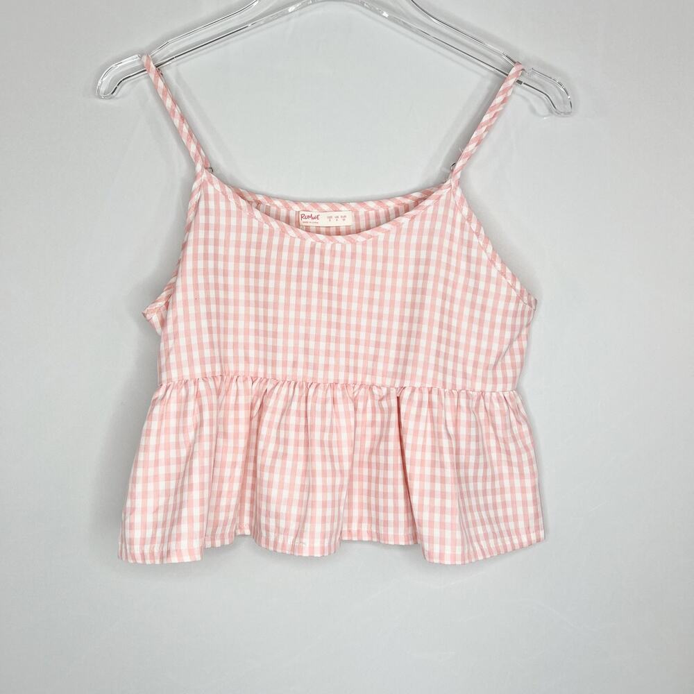 Romwe Pink & White Gingham Spaghetti Strap Cropped Ruffled Cami Size Small